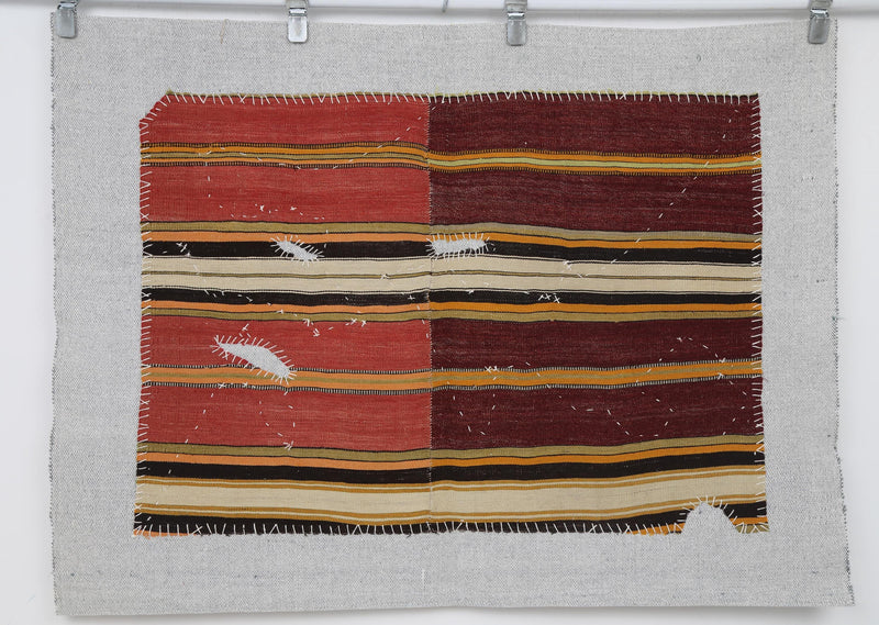 Vintage Turkish Tapestry Rug, Beige Brown Striped Wall Hanging (3'4" x 4'5")