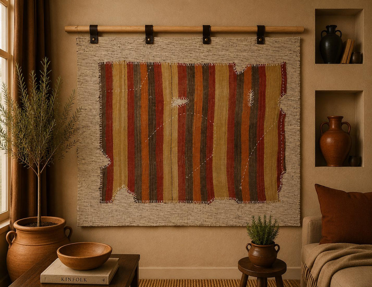 3x4 Vintage Turkish Tapestry Rug, Striped Wool Textile Wall Art, Rustic Woven Wall Hanging