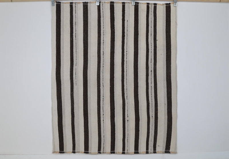 4x5 Vintage Turkish Hemp Rug, Beige Black Striped Flatweave, Minimalist Woven Kilim, Organic Modern Rug