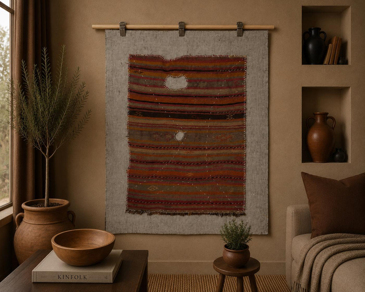 3x4 Vintage Turkish Tapestry Rug, Brown Striped Wool Wall Hanging, Rustic Geometric Textile Wall Art