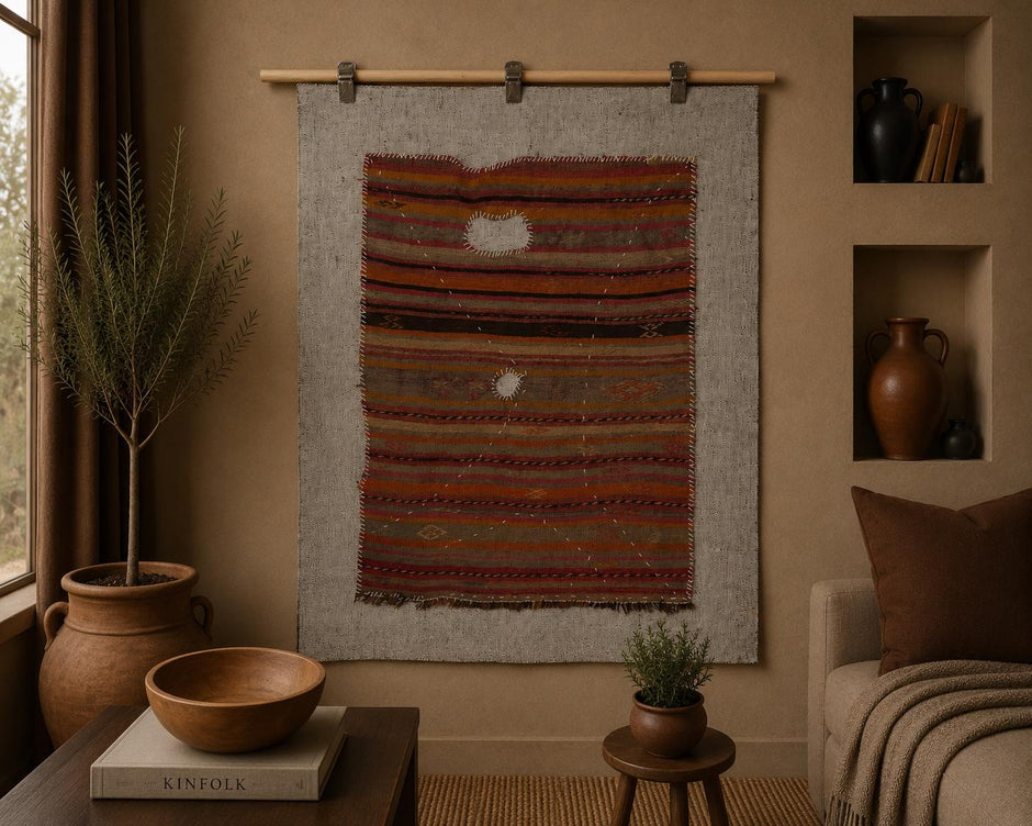 3x4 Vintage Turkish Tapestry Rug, Brown Striped Wool Wall Hanging, Rustic Geometric Textile Wall Art
