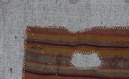 3x4 Vintage Turkish Tapestry Rug, Brown Striped Wool Wall Hanging, Rustic Geometric Textile Wall Art