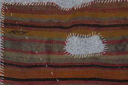3x4 Vintage Turkish Tapestry Rug, Brown Striped Wool Wall Hanging, Rustic Geometric Textile Wall Art