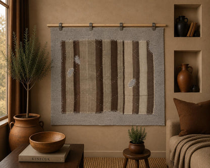 3x4 Vintage Turkish Tapestry Rug, Brown Beige Striped Wool Wall Hanging, Neutral Textile Wall Art