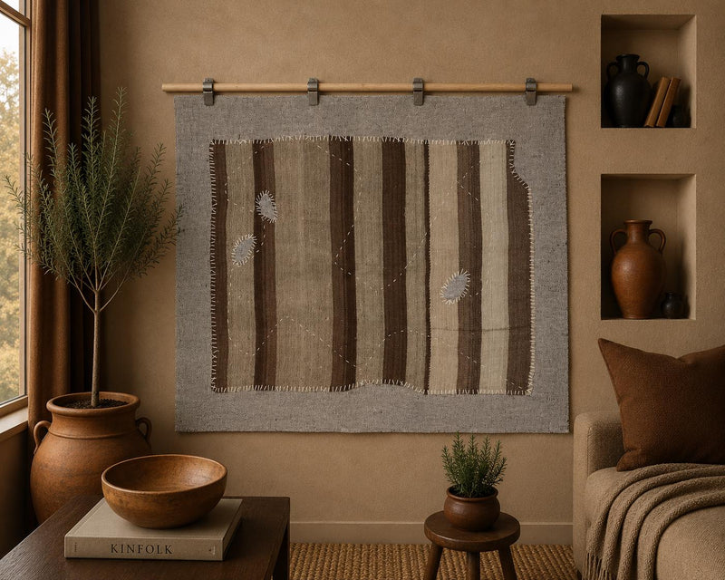 3x4 Vintage Turkish Tapestry Rug, Brown Beige Striped Wool Wall Hanging, Neutral Textile Wall Art