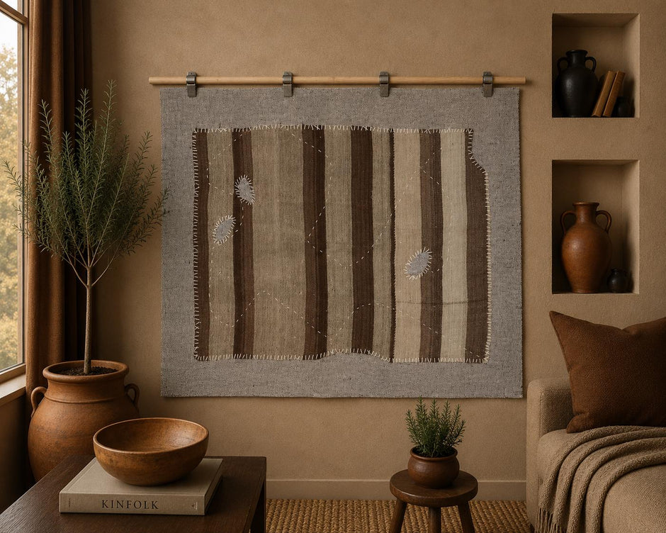 3x4 Vintage Turkish Tapestry Rug, Brown Beige Striped Wool Wall Hanging, Neutral Textile Wall Art