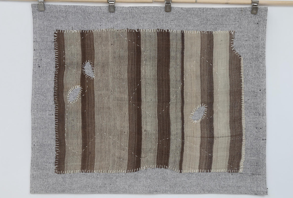 3x4 Vintage Turkish Tapestry Rug, Brown Beige Striped Wool Wall Hanging, Neutral Textile Wall Art