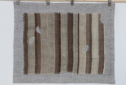 3x4 Vintage Turkish Tapestry Rug, Brown Beige Striped Wool Wall Hanging, Neutral Textile Wall Art