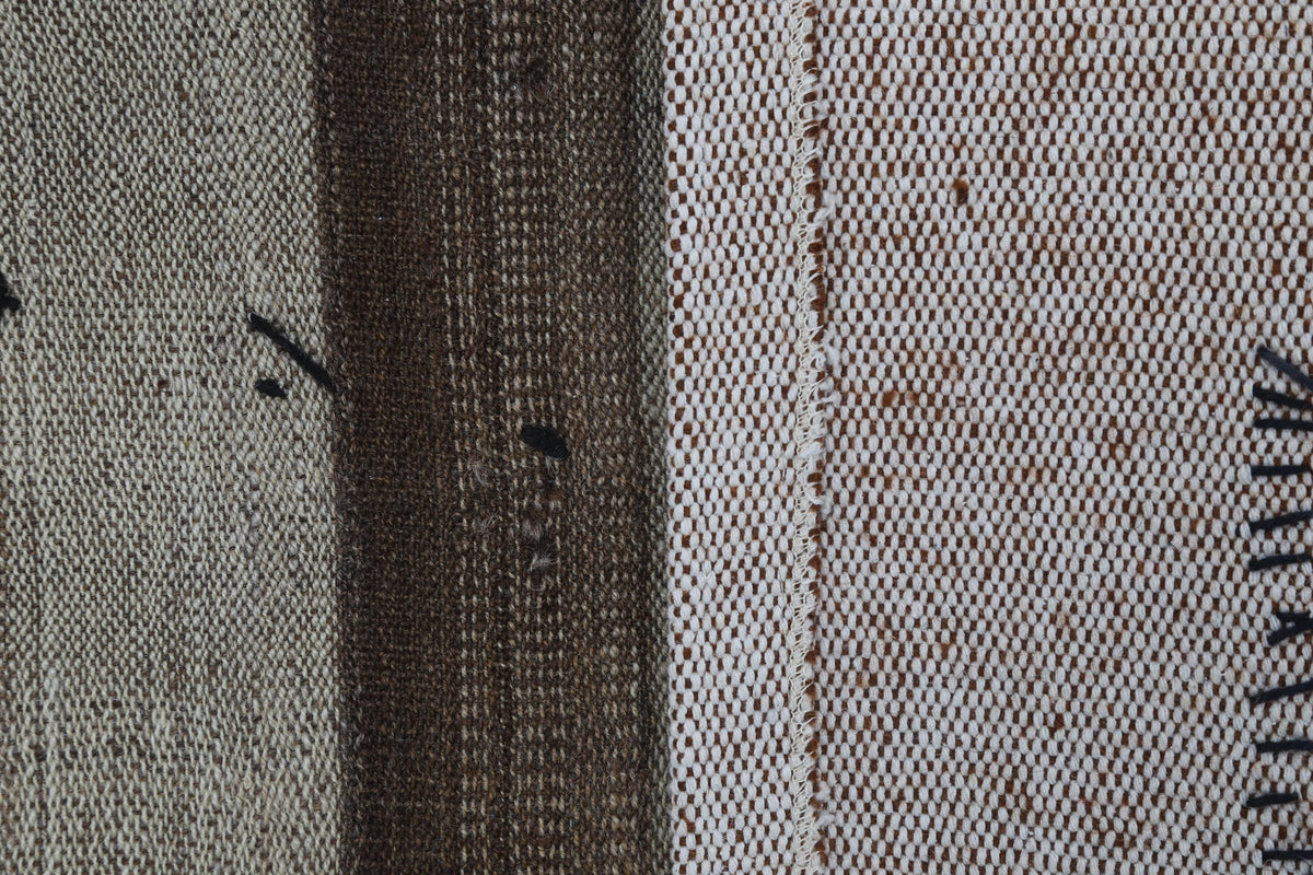 3x4 Vintage Turkish Tapestry Rug, Brown Striped Wool Textile Wall Art, Hand Stitched Patchwork Wall Hanging