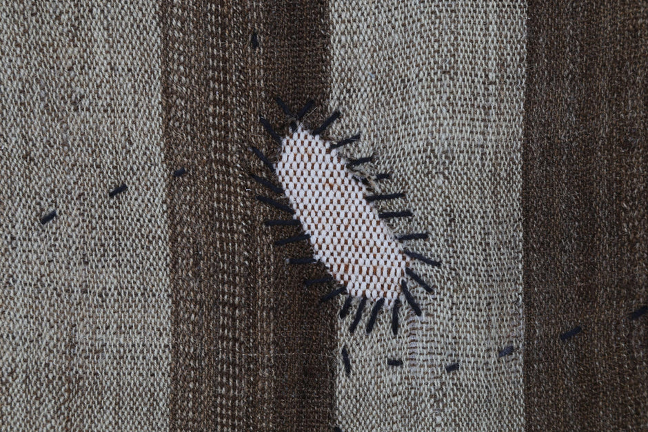 3x4 Vintage Turkish Tapestry Rug, Brown Striped Wool Textile Wall Art, Hand Stitched Patchwork Wall Hanging