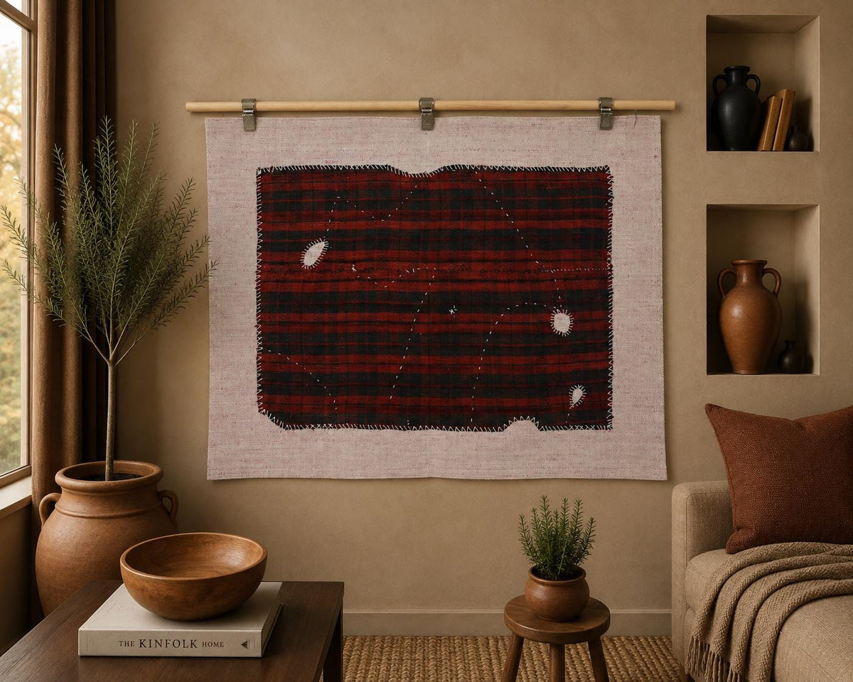 3x4 Vintage Turkish Tapestry Rug, Red and Black Striped Wool Textile Wall Art, Hand Stitched Patchwork Wall Hanging