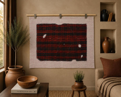 3x4 Vintage Turkish Tapestry Rug, Red and Black Striped Wool Textile Wall Art, Hand Stitched Patchwork Wall Hanging
