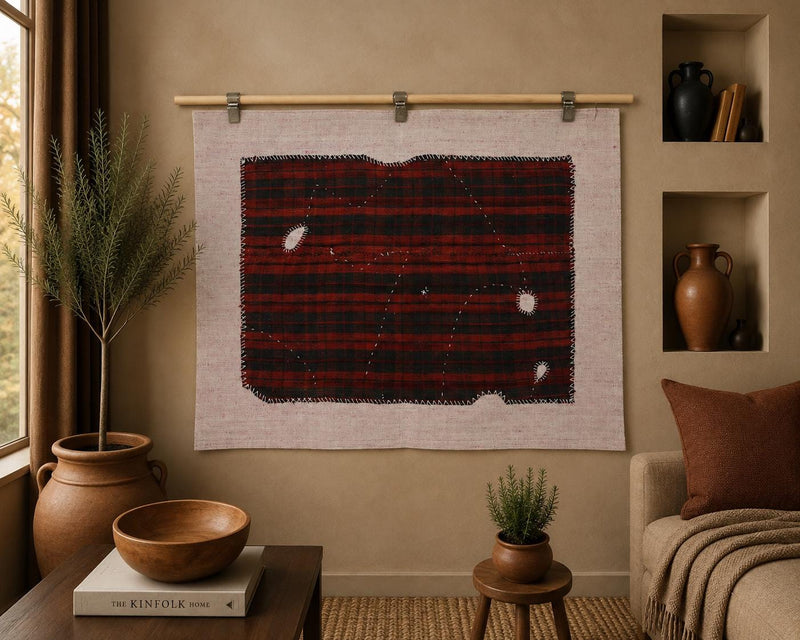 Vintage Turkish Patchwork Tapestry Rug, Red Black Plaid Wall Hanging (3'5" x 4'4") - photo 1 of 7