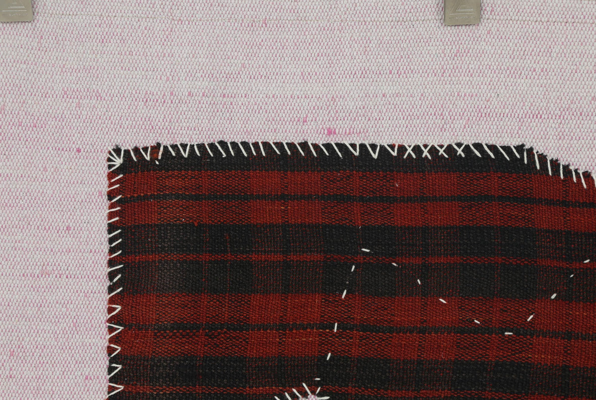 3x4 Vintage Turkish Tapestry Rug, Red and Black Striped Wool Textile Wall Art, Hand Stitched Patchwork Wall Hanging