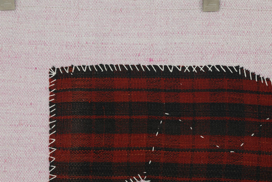 3x4 Vintage Turkish Tapestry Rug, Red and Black Striped Wool Textile Wall Art, Hand Stitched Patchwork Wall Hanging