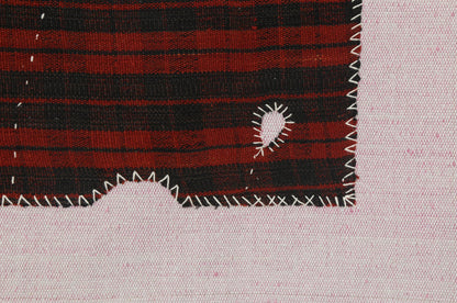 3x4 Vintage Turkish Tapestry Rug, Red and Black Striped Wool Textile Wall Art, Hand Stitched Patchwork Wall Hanging
