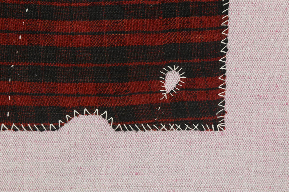 3x4 Vintage Turkish Tapestry Rug, Red and Black Striped Wool Textile Wall Art, Hand Stitched Patchwork Wall Hanging