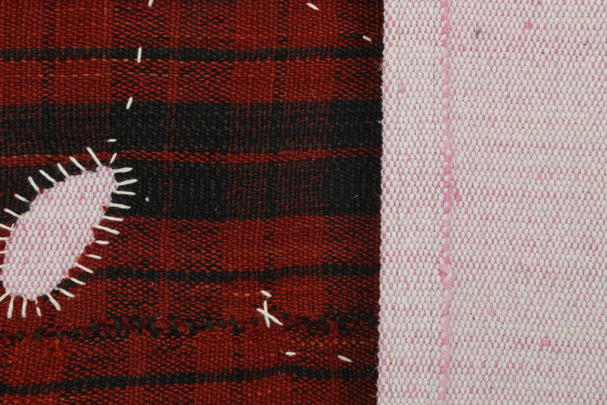 3x4 Vintage Turkish Tapestry Rug, Red and Black Striped Wool Textile Wall Art, Hand Stitched Patchwork Wall Hanging
