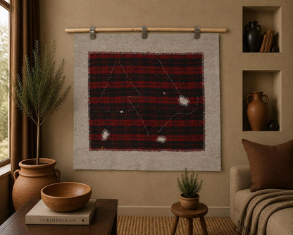 3x4 Vintage Turkish Tapestry Rug, Red and Black Wool Textile Wall Art, Hand Stitched Striped Wall Hanging