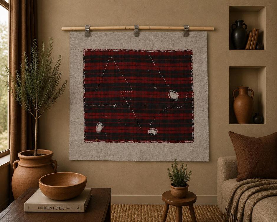 3x4 Vintage Turkish Tapestry Rug, Red and Black Wool Textile Wall Art, Hand Stitched Striped Wall Hanging