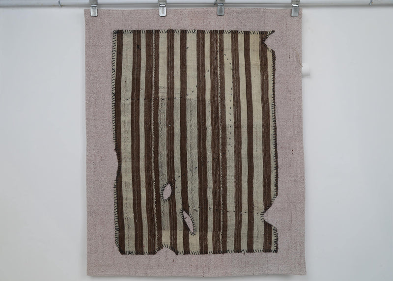 Vintage Turkish Tapestry Rug, Brown Striped Wall Hanging (3'5" x 4'2")