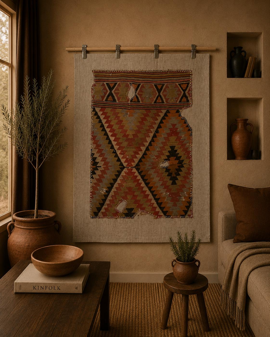 3x4 Vintage Turkish Tapestry Rug, Geometric Wool Kilim Wall Hanging, Woven Textile Wall Art