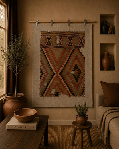 3x4 Vintage Turkish Tapestry Rug, Geometric Wool Kilim Wall Hanging, Woven Textile Wall Art