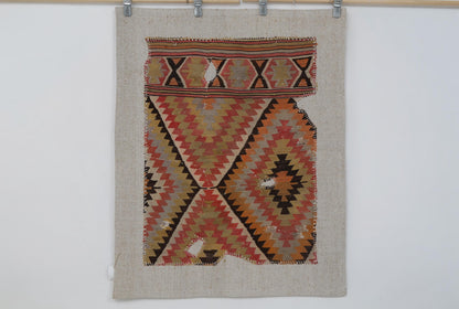 3x4 Vintage Turkish Tapestry Rug, Geometric Wool Kilim Wall Hanging, Woven Textile Wall Art