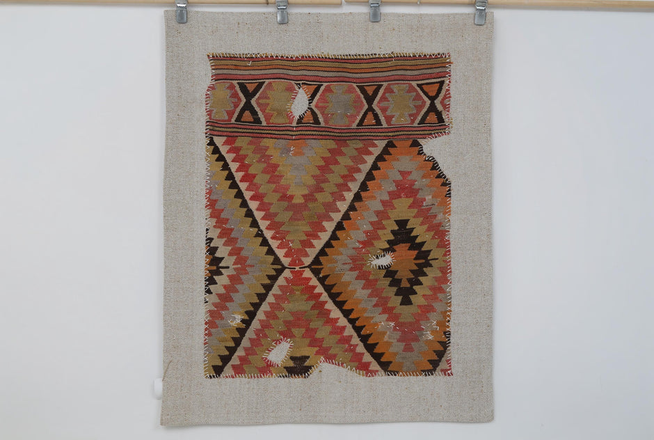 3x4 Vintage Turkish Tapestry Rug, Geometric Wool Kilim Wall Hanging, Woven Textile Wall Art