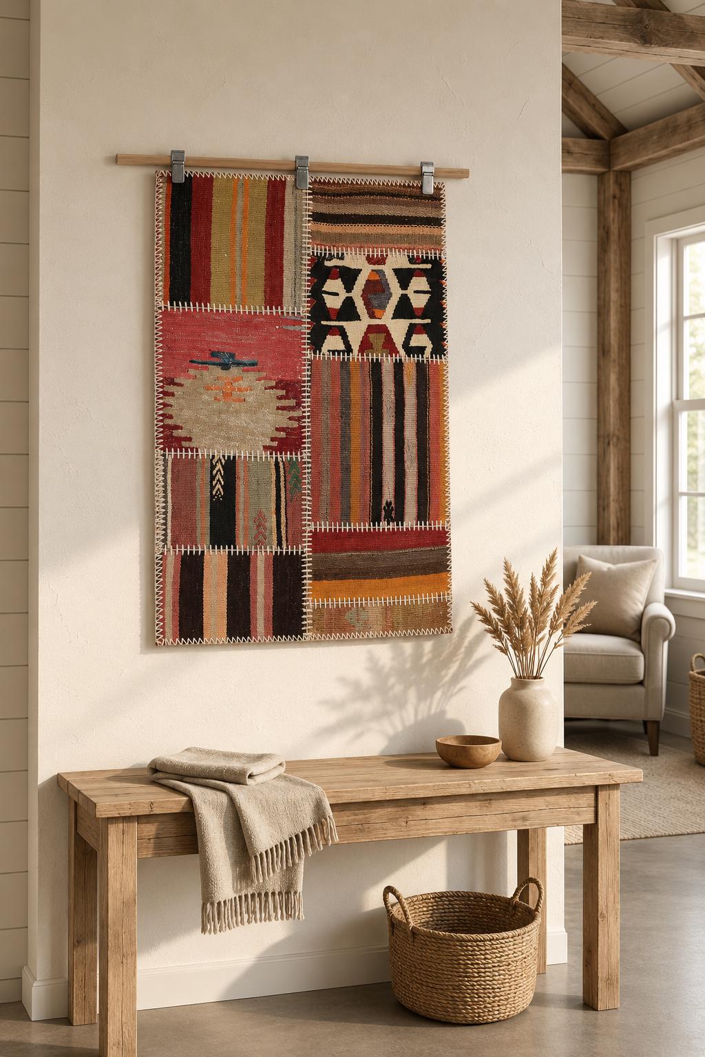 2x3 Vintage Turkish Patchwork Tapestry Rug, Handwoven Kilim Textile Wall Hanging, Geometric Woven Wall Art