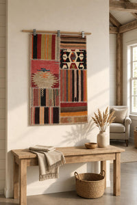 2x3 Vintage Turkish Patchwork Tapestry Rug, Handwoven Kilim Textile Wall Hanging, Geometric Woven Wall Art