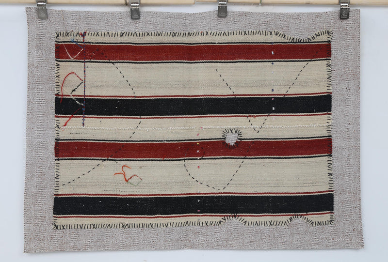 Vintage Turkish Tapestry Rug, Cream Black Striped Wall Hanging (2'9" x 3'11")