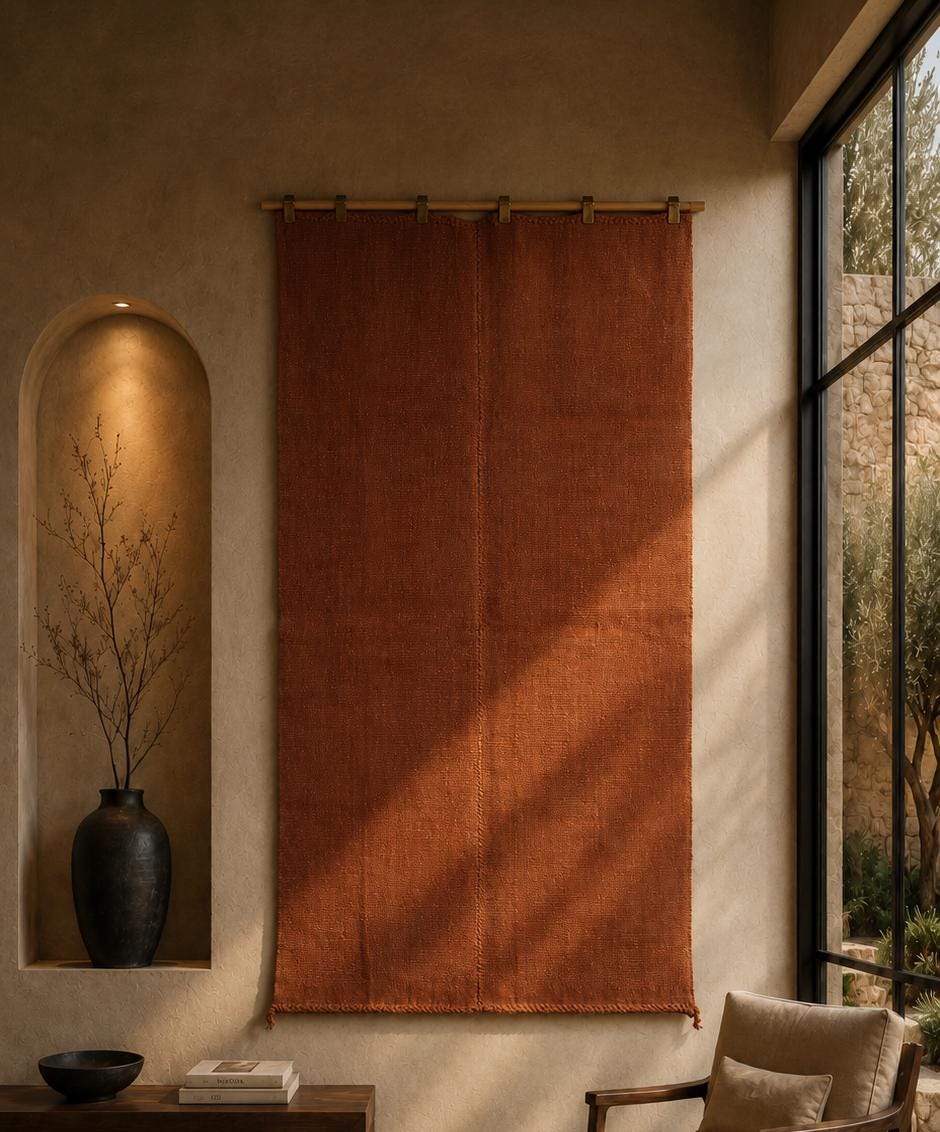 4x6 Vintage Turkish Hemp Tapestry Rug, Rust Woven Textile Wall Hanging, Minimalist Fiber Wall Art