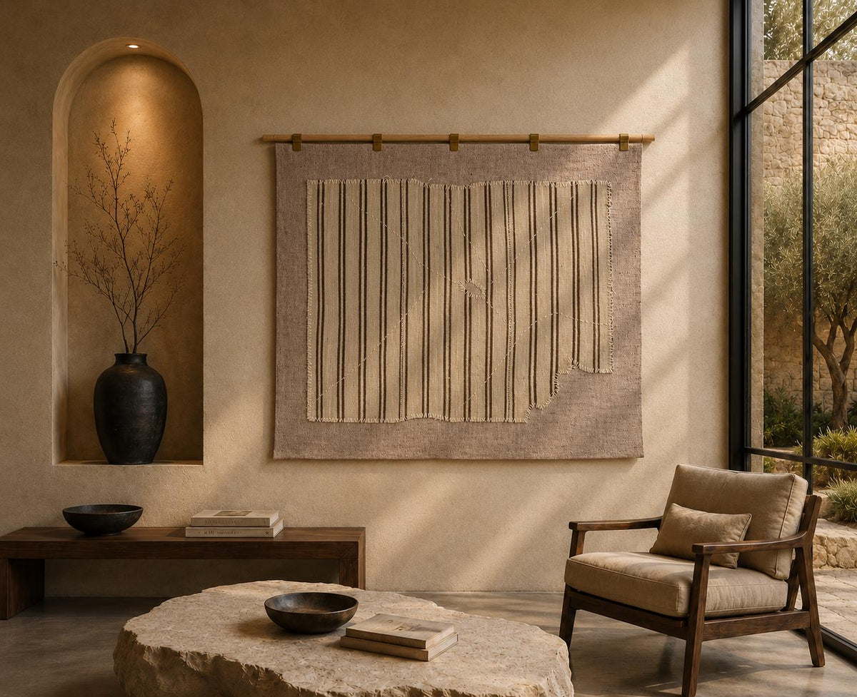 3x4 Vintage Turkish Tapestry Rug, Striped Wool Textile Wall Hanging, Neutral Woven Wall Art