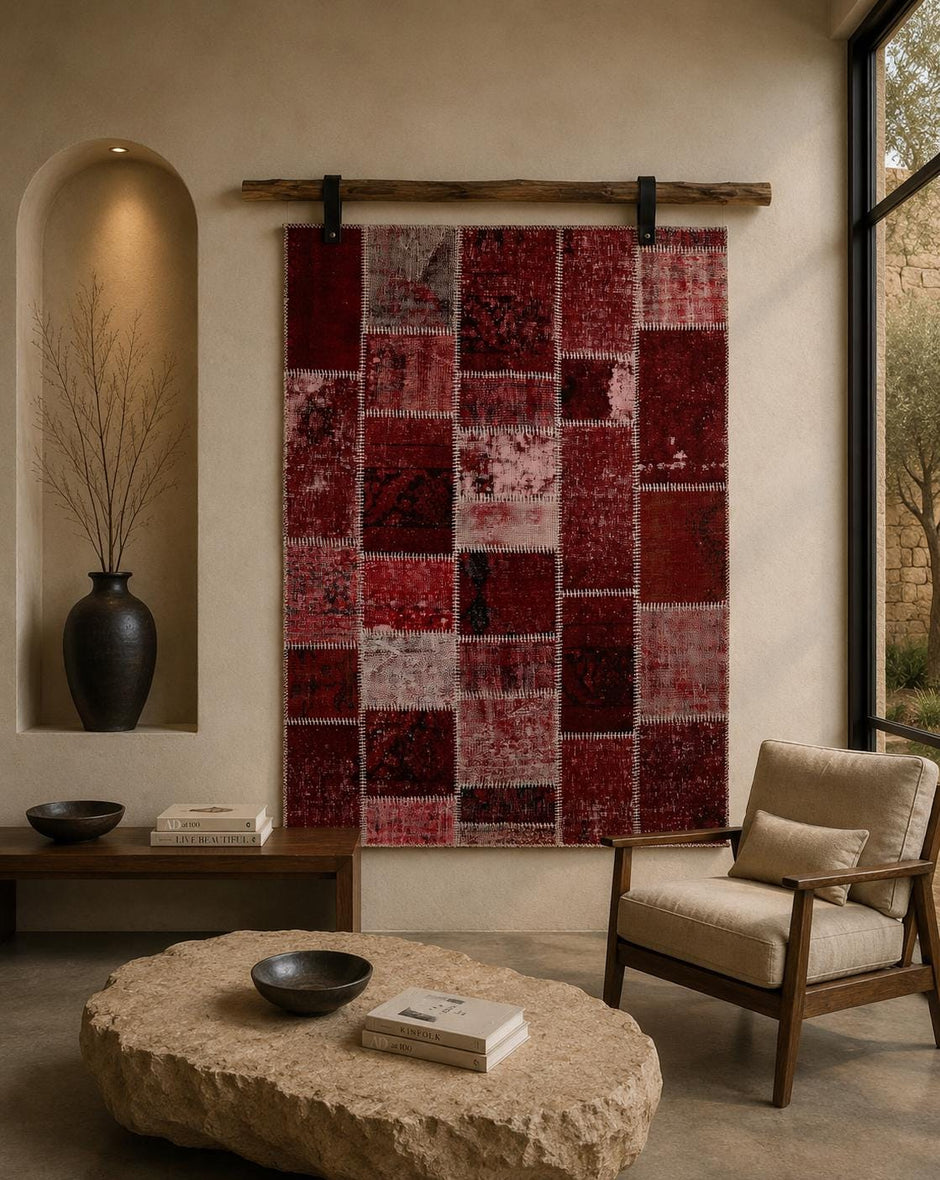 5x6 Vintage Turkish Tapestry Rug, Handmade Patchwork Wall Hanging, Red Wool Cotton Textile Wall Art, Boho Home Decor