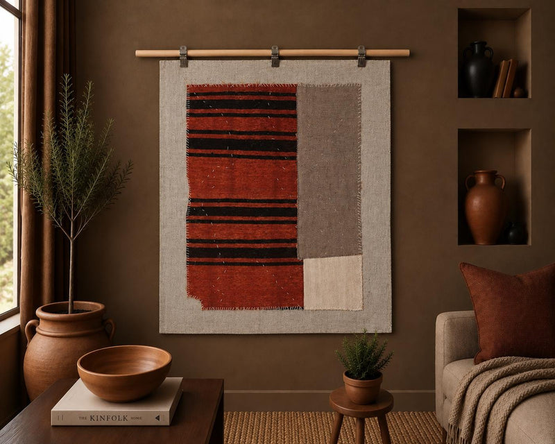 Vintage Turkish Kilim Tapestry Rug, Red Black Color Block Wall Hanging (3'4" x 4'2") - photo 1 of 10