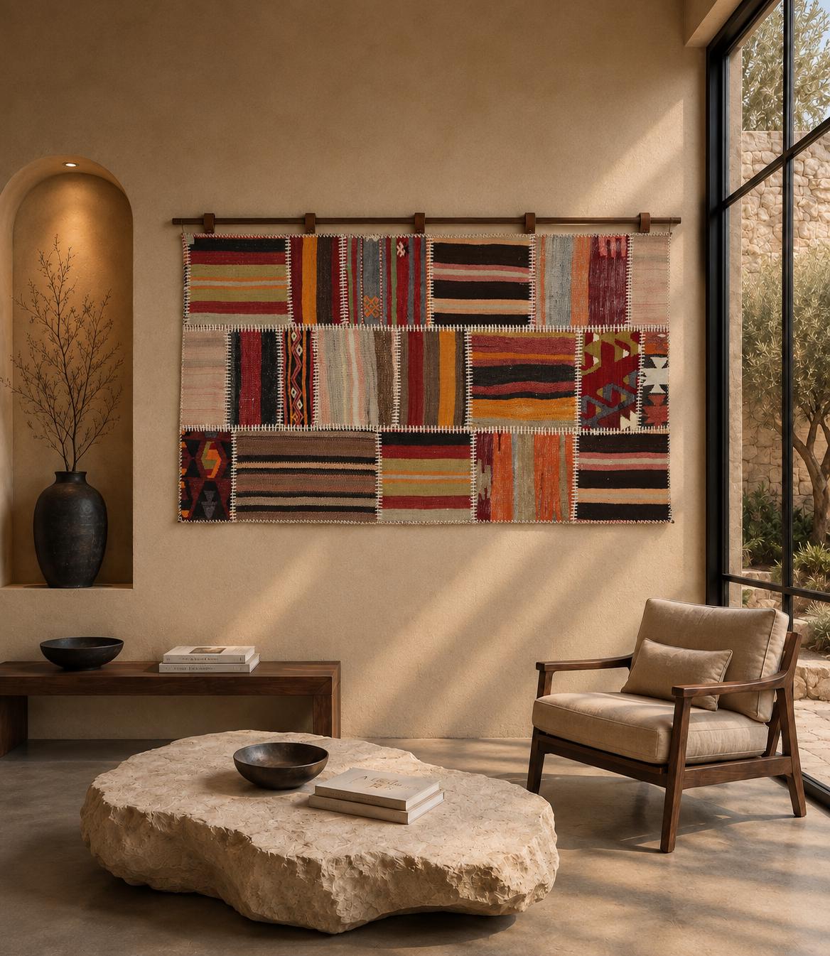 3x5 Vintage Turkish Tapestry Rug, Patchwork Kilim Wall Hanging, Handwoven Wool Textile Wall Art