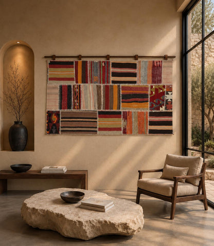 3x5 Vintage Turkish Tapestry Rug, Patchwork Kilim Wall Hanging, Handwoven Wool Textile Wall Art