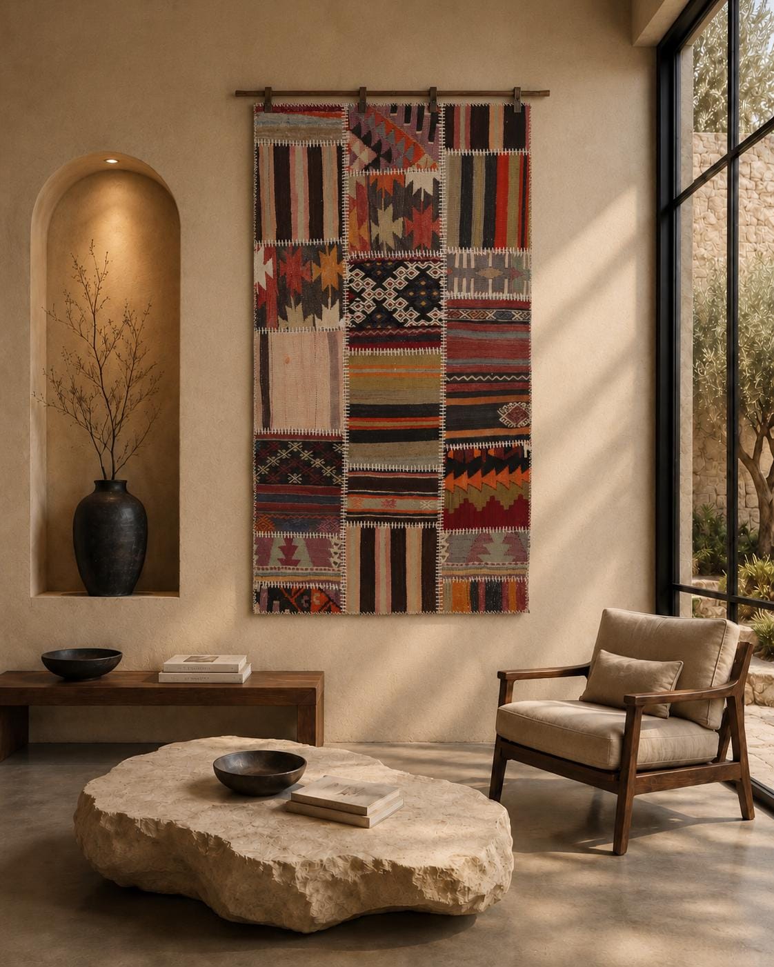 3x5 Vintage Turkish Tapestry Rug, Patchwork Kilim Wall Hanging, Handwoven Wool Textile Wall Art