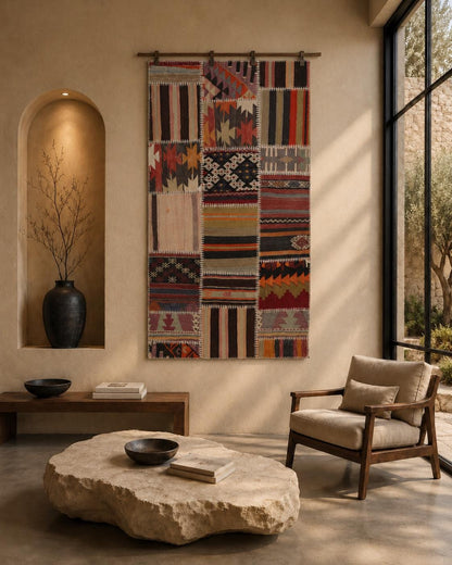 3x5 Vintage Turkish Tapestry Rug, Patchwork Kilim Wall Hanging, Handwoven Wool Textile Wall Art