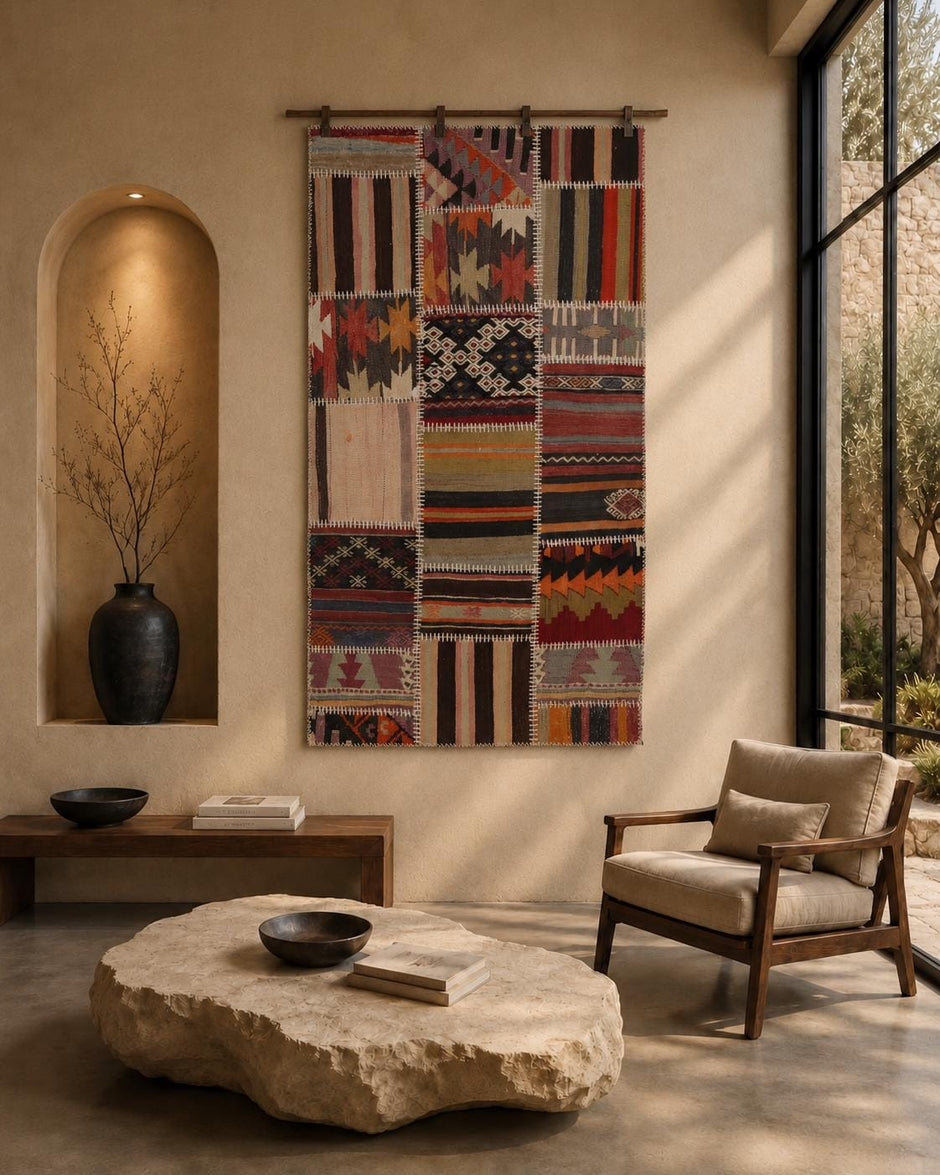 3x5 Vintage Turkish Tapestry Rug, Patchwork Kilim Wall Hanging, Handwoven Wool Textile Wall Art