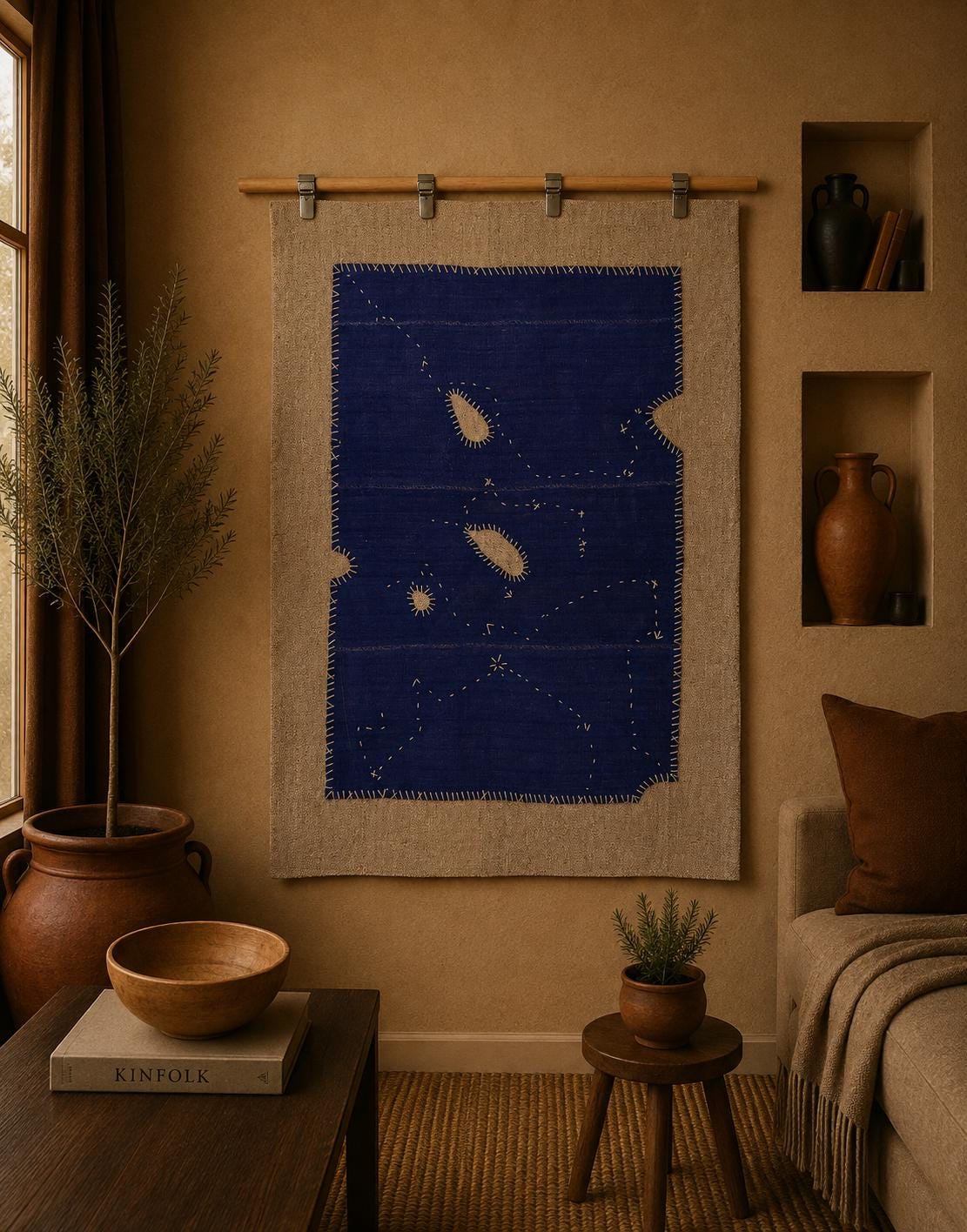 3x4 Vintage Turkish Tapestry Rug, Blue Wool Textile Wall Hanging, Minimal Woven Wall Art