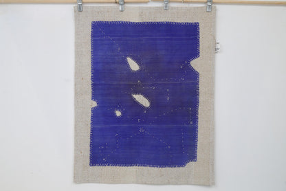 3x4 Vintage Turkish Tapestry Rug, Blue Wool Textile Wall Hanging, Minimal Woven Wall Art