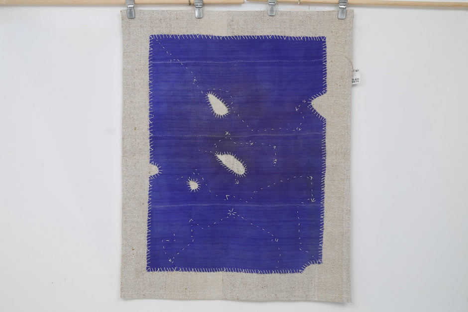 3x4 Vintage Turkish Tapestry Rug, Blue Wool Textile Wall Hanging, Minimal Woven Wall Art