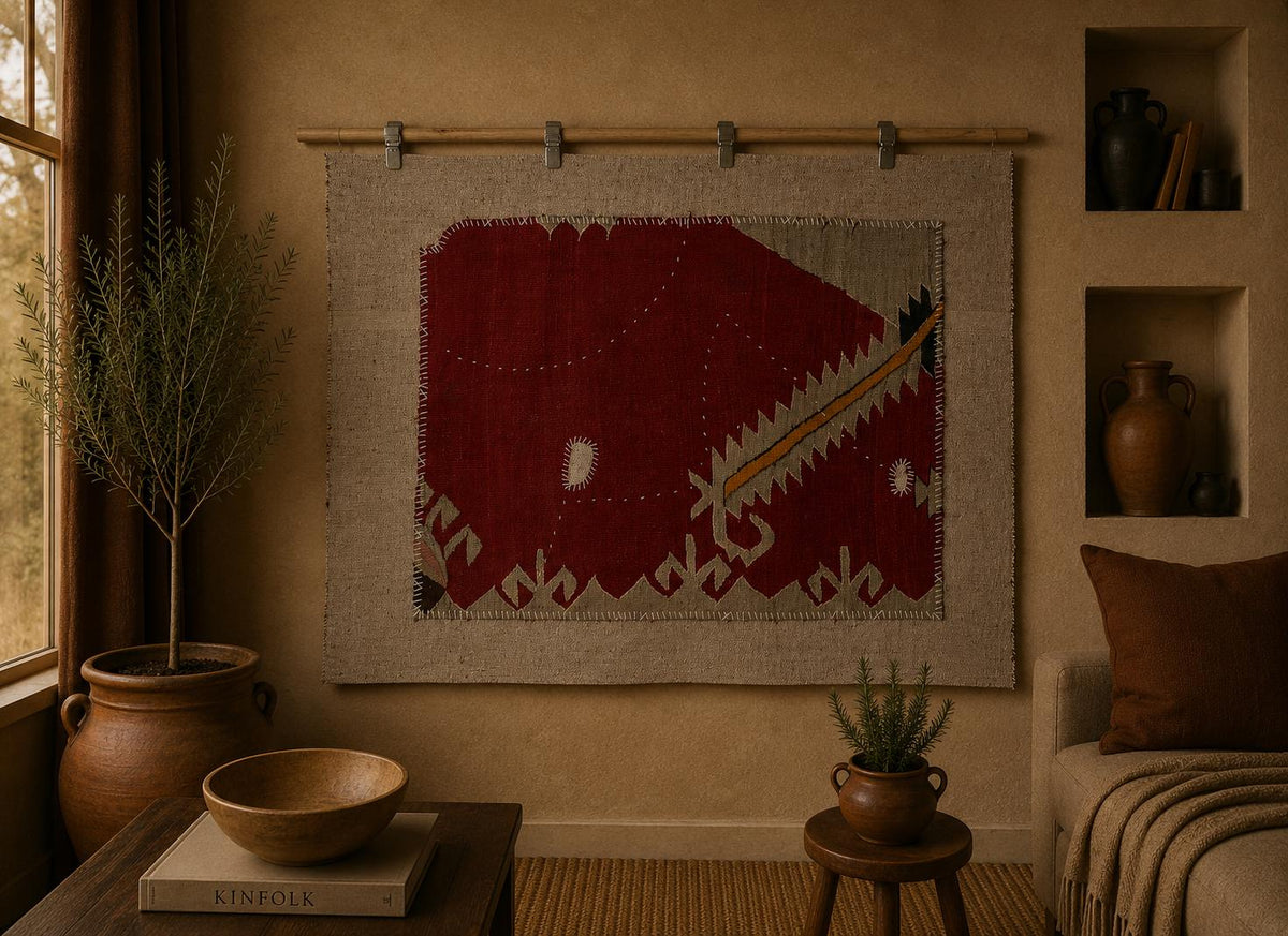 3x5 Vintage Turkish Tapestry Rug, Red Geometric Wool Textile Wall Hanging, Kilim Wall Art