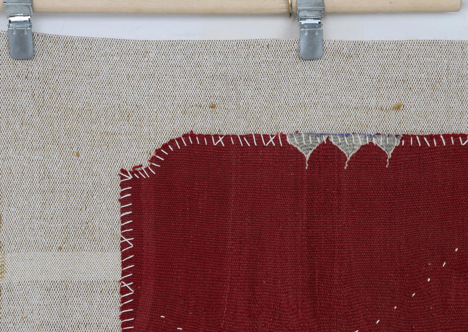 3x5 Vintage Turkish Tapestry Rug, Red Geometric Wool Textile Wall Hanging, Kilim Wall Art