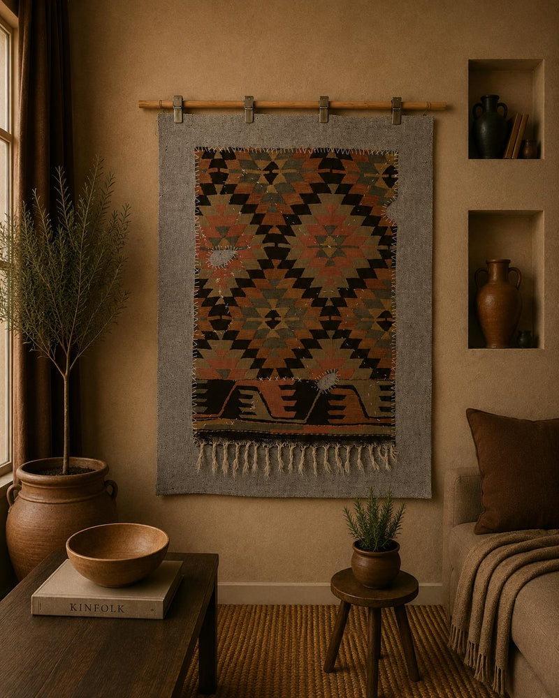 Vintage Turkish Kilim Tapestry Rug, Rust Black Diamond Wall Hanging (3'5" x 4'2") - photo 1 of 10