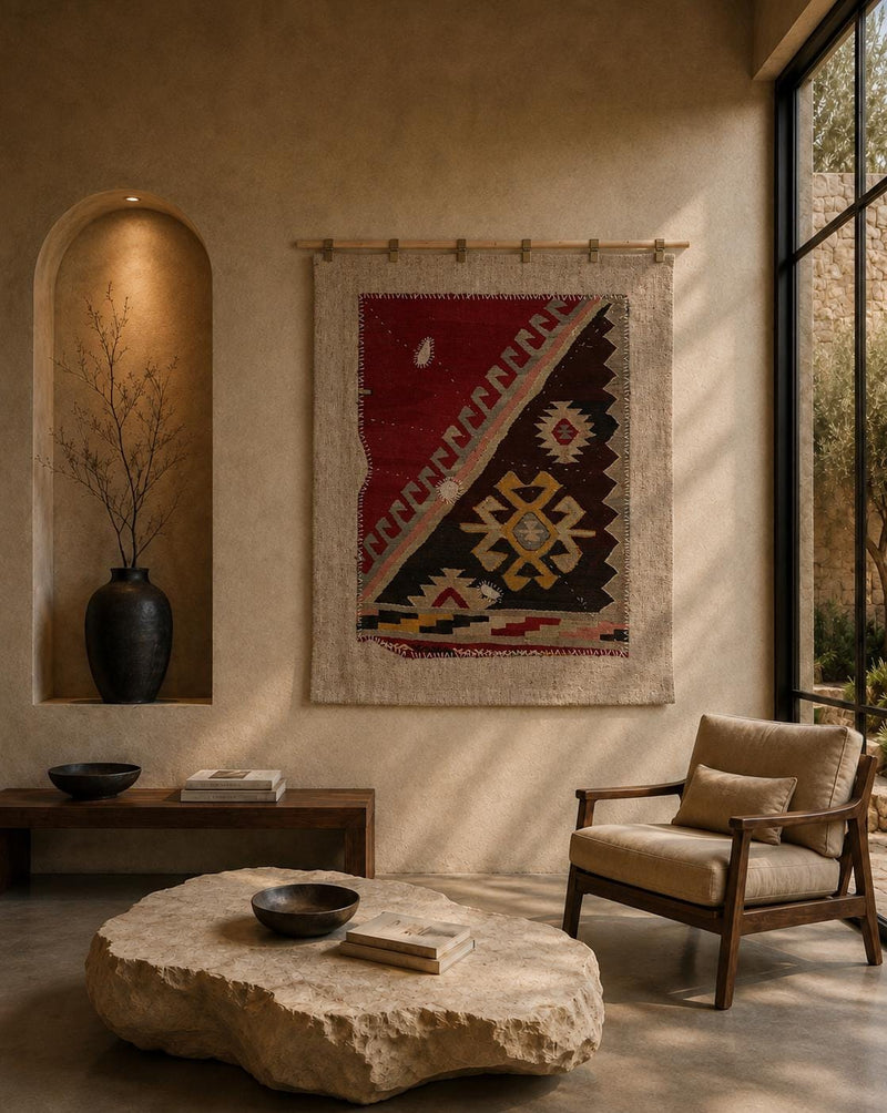 Vintage Turkish Kilim Tapestry Rug, Red Black Diamond Wall Hanging (3'5" x 4'3") - photo 1 of 9