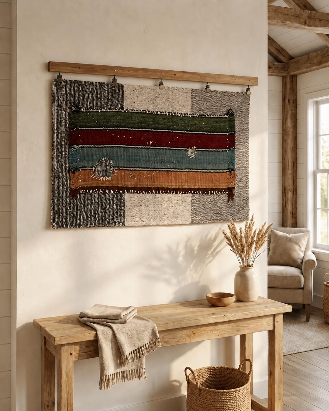 2x4 Vintage Turkish Wool Kilim Wall Art, Handwoven Striped Textile Hanging