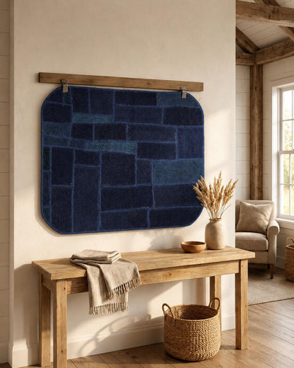 2x3 Vintage Turkish Hemp Patchwork Tapestry Rug, Blue Textile Wall Hanging, Woven Fiber Wall Art